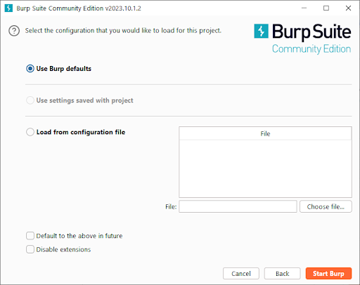 Start Burp Suite With Defaults