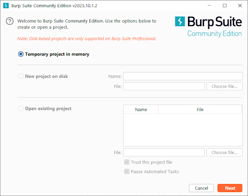 Create Burp Suite Project